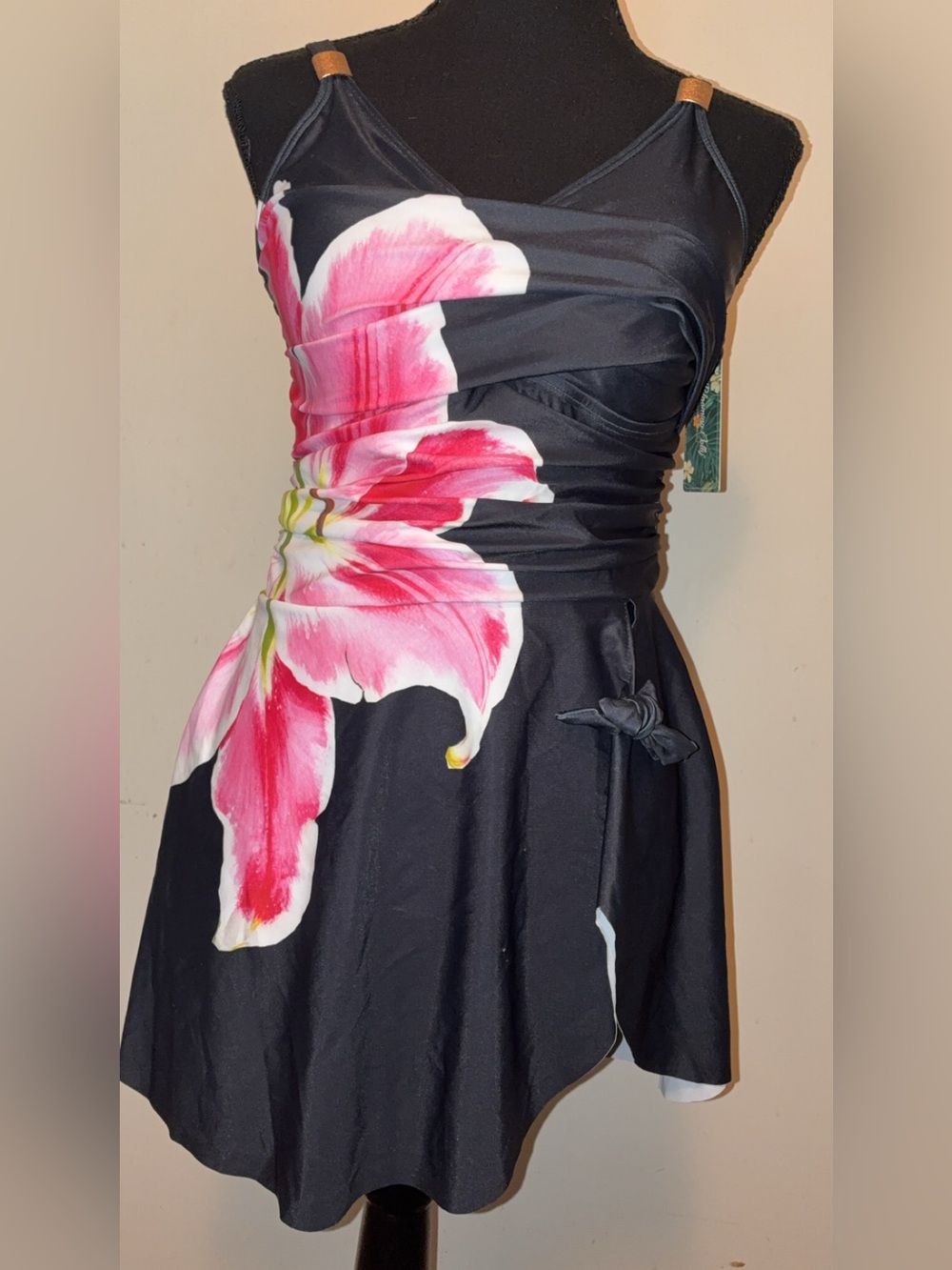Black Floral Ruched Fit-and-Flare Swimsuit with Pink Flower